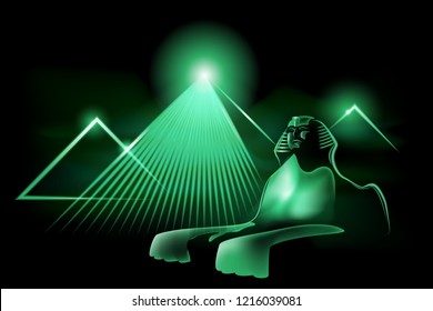 Neon Sphinx
The image of the Egyptian Sphinx and the pyramids in neon light. Illustration, vector. EPS-10.