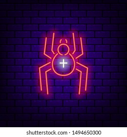 Neon spider icon on dark brick background. Editable stroke and blend. Vector illustration.