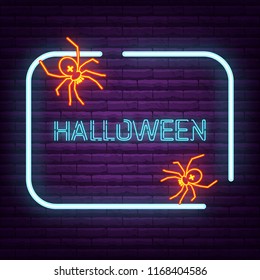 Neon spider sign arachnid logo on the wall. Halloween glowing illustration vector light background. Bright glow neon spiderweb symbol. Holiday night party shiny arachnid.