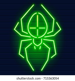 Neon spider sign. Arachnid logo on the wall. Halloween glowing illustration. Eps10 vector