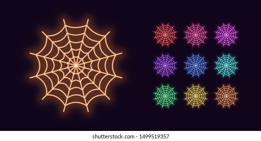 Neon Spider web, Festive Halloween decoration. Colorful Set of Neon Cobweb in outline style. Glowing silhouette, sign and symbol for Holiday design. Vector illustration kit