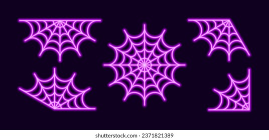 Neon spiderweb different set. Purple mesh tracery with halloween party ornament. Sticky trap of intertwining dangerous vector lines