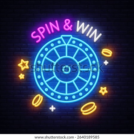 Neon spin and win sign with roulette wheel, coins, and stars on dark wall. Casino-themed design with glowing elements.