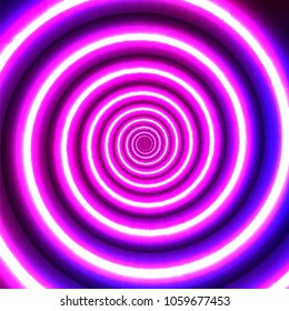 Neon spiral. Abstract glowing purple background. Vector illustration. Rotation and movement to the center effect. Magic design with a bright energy twist.

