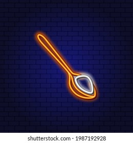 Neon Spoon with a slide of sugar, flour or salt. Glowing Neon Linear Design Element against a dark background. Cooking Concept. 