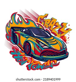 Neon sport car illustration. Modern speed automobile with fire track and graffiti text Your power, Crazy. 80s style poster. Sport auto print