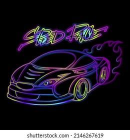 Neon sport car illustration. Speed race poster with futuristic automobile.