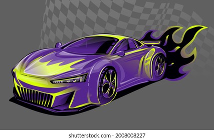 Neon sport car on grey background. Modern speed automobile with fire track.