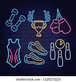 Neon sport signs elements of dumbbells, sneakers, bowling, pin, bowl, boxing, winner cup set