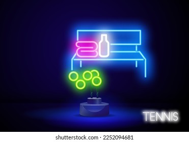 neon sports bench icon with tennis balls, towel and water bottle. Fitness club, sport and advertisement design. Night bright neon sign, colorful billboard, light banner.