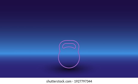 Neon sports weight symbol on a gradient blue background. The isolated symbol is located in the bottom center. Gradient blue with light blue skyline