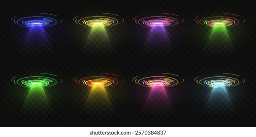 Neon spotlight effect. Set of light and glare.