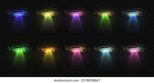 Neon spotlight effect. Set of light and glare.