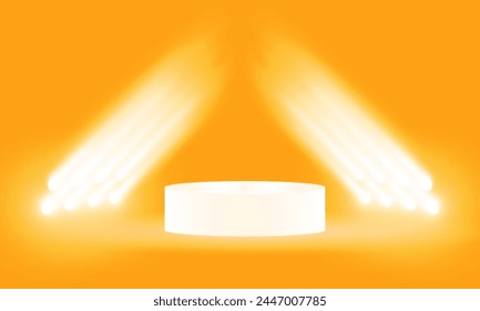 Foco de neón de fondo naranja con escenario de podio con diseño de póster de Vector