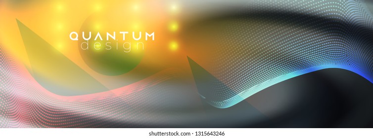 Neon spotlights on fluid backdrop. Glowing lines with smoke highlight space. Vector abstract background. Dotted waves