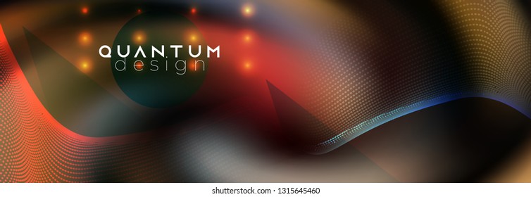 Neon spotlights on fluid backdrop. Glowing lines with smoke highlight space. Vector abstract background. Dotted waves swirl mockup