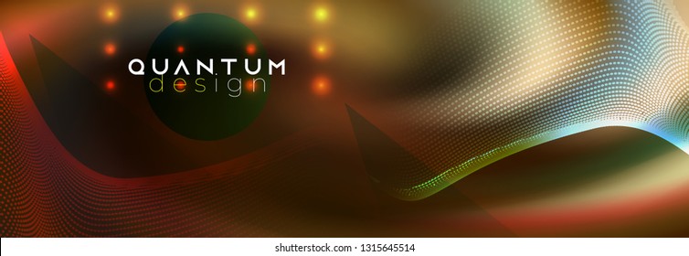 Neon spotlights on fluid backdrop. Glowing lines with smoke highlight space. Vector abstract background. Dotted waves swirl mockup