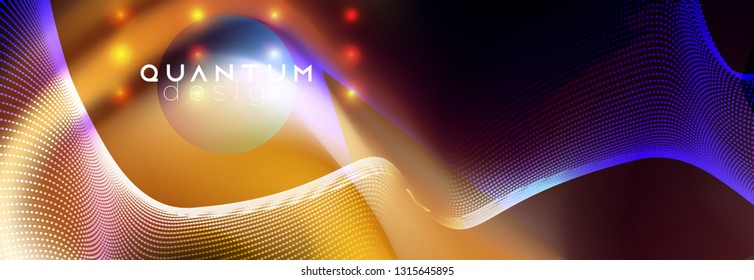 Neon spotlights on fluid backdrop. Glowing lines with smoke highlight space. Vector abstract background. Dotted waves mockup