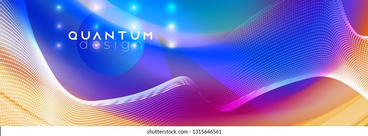 Neon spotlights on fluid backdrop. Glowing lines with smoke highlight space. Vector abstract background. Dotted waves mockup