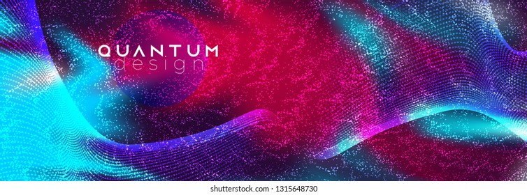 Neon spotlights on fluid backdrop. Glowing lines with smoke highlight space. Vector abstract background. Dotted waves mockup