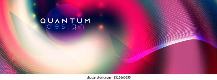 Neon spotlights on fluid backdrop. Glowing lines with smoke highlight space. Vector abstract background. Dotted waves