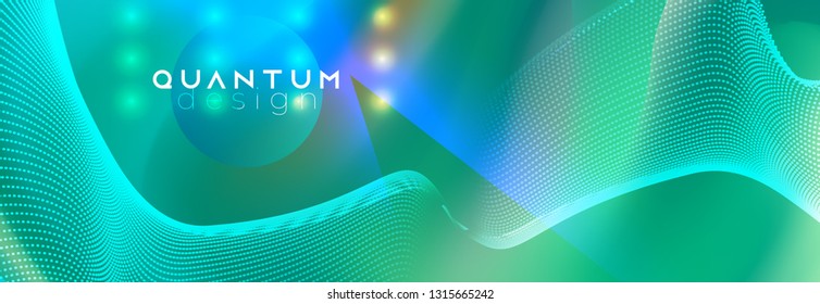 Neon spotlights on fluid backdrop. Glowing lines with smoke highlight space. Vector abstract background. Dotted waves