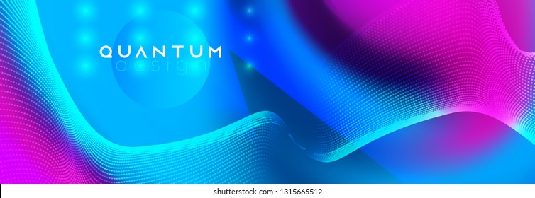 Neon spotlights on fluid backdrop. Glowing lines with smoke highlight space. Vector abstract background. Dotted waves