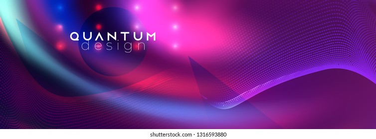 Neon spotlights on fluid backdrop. Glowing lines with smoke highlight space. Vector abstract background. Dotted waves