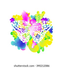 Neon spots and white butterfly. Butterfly background. Vector illustration.