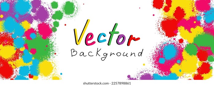 Neon spray splashes and drops on white vector background. Urban street graffiti style. Horizontal poster, banner template with copy space
