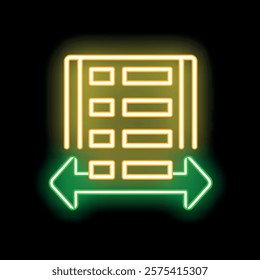 Neon spreadsheet icon with two green arrows pointing left and right, symbolizing data transfer or exchange