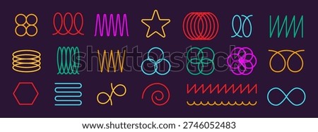 Neon spring coil shapes set. Curve line collection. Zigzag wave lines. Abstract flexible coil, loop line, thin spiral. Modern design element. Vector illustration isolated on dark background.
