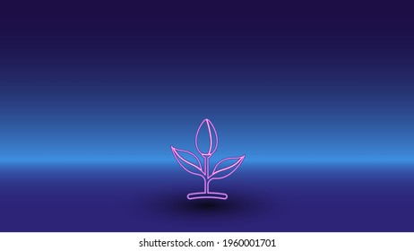Neon sprout symbol on a gradient blue background. The isolated symbol is located in the bottom center. Gradient blue with light blue skyline