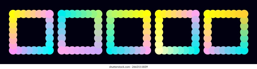 Neonquadrat abstrakter Farbverlauf, Textfeld mit holografischem Effekt, Polka Dot Hintergrund, bunte Kreise, Kristall, Element mit welliger Kante für Flyer, Banner. Isolierter Vektor auf schwarzem Hintergrund EPS10