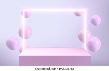 Neon square with balloon and podium for placing product