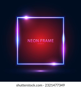 Neon square blue frame with highlights on a dark blue red background. Abstract futuristic neon background. Vector EPS 10.