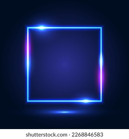 Neon square blue frame on dark blue purple background. Abstract futuristic neon background. Vector EPS 10.