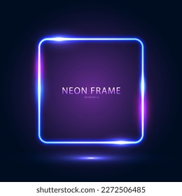 Neon square blue frame on a dark blue purple background. Abstract futuristic neon background. Vector illustration.