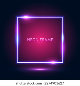 Neon square blue frame on dark blue pink background. Abstract futuristic neon background. Vector EPS 10.