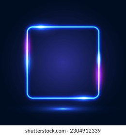 Neon square blue frame with shining effects on a dark background. Abstract futuristic neon background. Vector illustration.