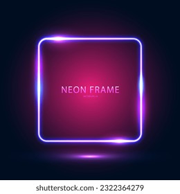 Neon square blue frame with shining effects on a dark blue pink background. Abstract futuristic neon background. Vector illustration.