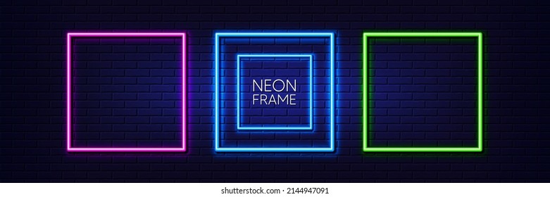 Neon square border with copy space. Set of neon light frames. Pink, blue and green fluorescent glow lines. Electric led lights franes on brick wall. Square geometric shapes with neon light. Vector