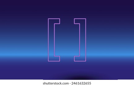 Neon square brackets symbol on a gradient blue background. The isolated symbol is located in the bottom center. Gradient blue with light blue skyline