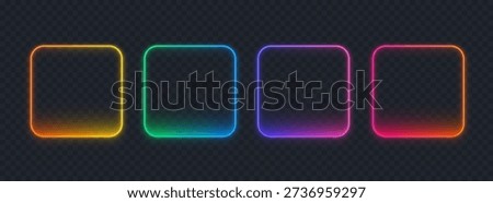 Neon square button set isolated on transparent background. 3D glow neon pill frame for mobile and web app or computer game, hud interface. Empty line button collection, vector illustration.