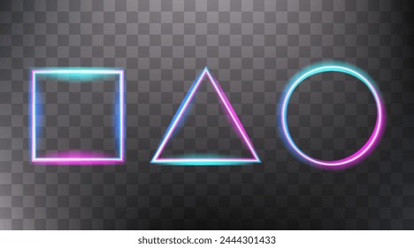 Neon square, circle and triangle with spectacular lighting on a transparent background. Dark copy space background. Vector illustration