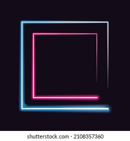 Neon square frame background. Blue and pink light moving design template. Vector illustration