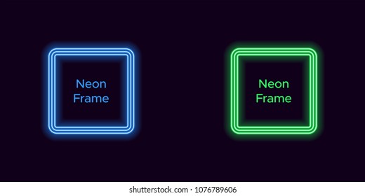 Neon square frame in blue and green color. Vector template of neon frame consisting of three outlines, with soft backlight on the dark background