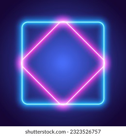 Neon square frame, blue and pink on dark background, vector illustration.