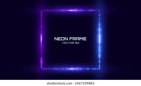 Neon-Quadrat-Rahmen. Blaue und lila Neonlichter Rechteck-Zeichen. Abstraktes Cyberpunk-Tunnelportal. Geometrische Glühkonturform. Abstrakter Vektorgrafik-Hintergrund mit Platz für Ihren Text.