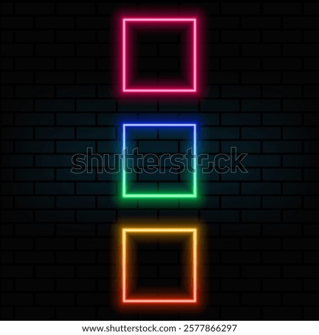 Neon square frame. Double contoured neon quadrate border set. Geometric shape with copy space, futuristic graphic element for social media stories. Yellow, orange, red color..